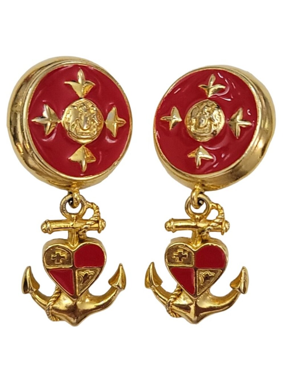 Vintage Gold Tone Red Enamel Anchor, Heart Dangle Clip On Earrings, 2.5” L K406
